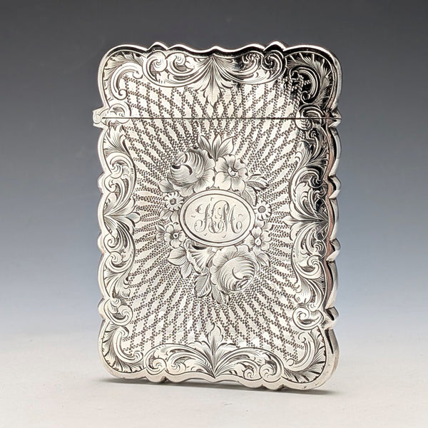 1863年 英国アンティーク フローラル彫刻 純銀製カードケース 57g Hillard&Thomason